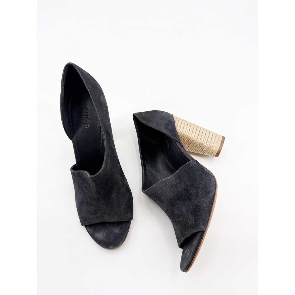 Vince Percey Black Suede Jute Espadrille Block Heel Mules Sandals 9M Italy